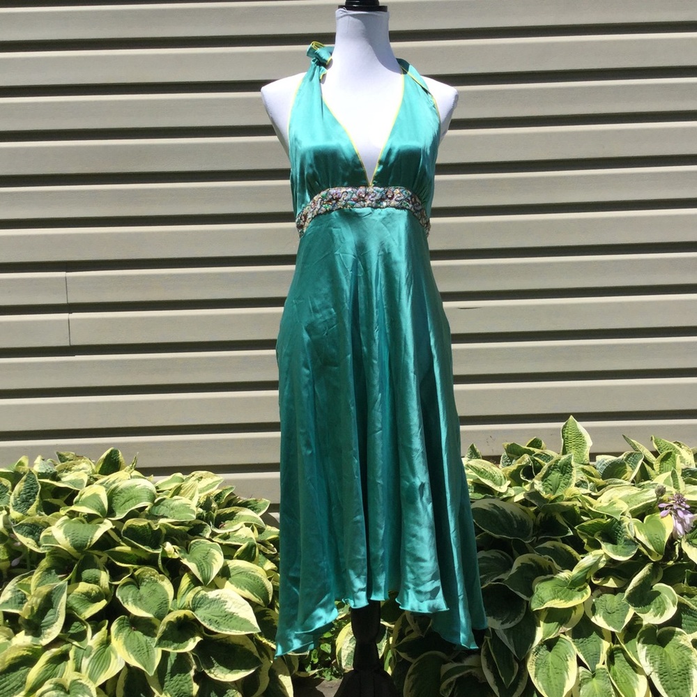 New To The Max Aqua Blue Silk Halter Dress